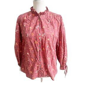Sundance Women’s Floral Button Front Blouse Prairie Style High Collar Berry Med
